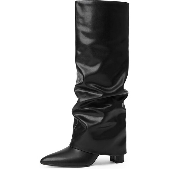 Shoes - Women's Black Slouchy Modatope Knee High Fold Over Chunky Heels Zipper Boots